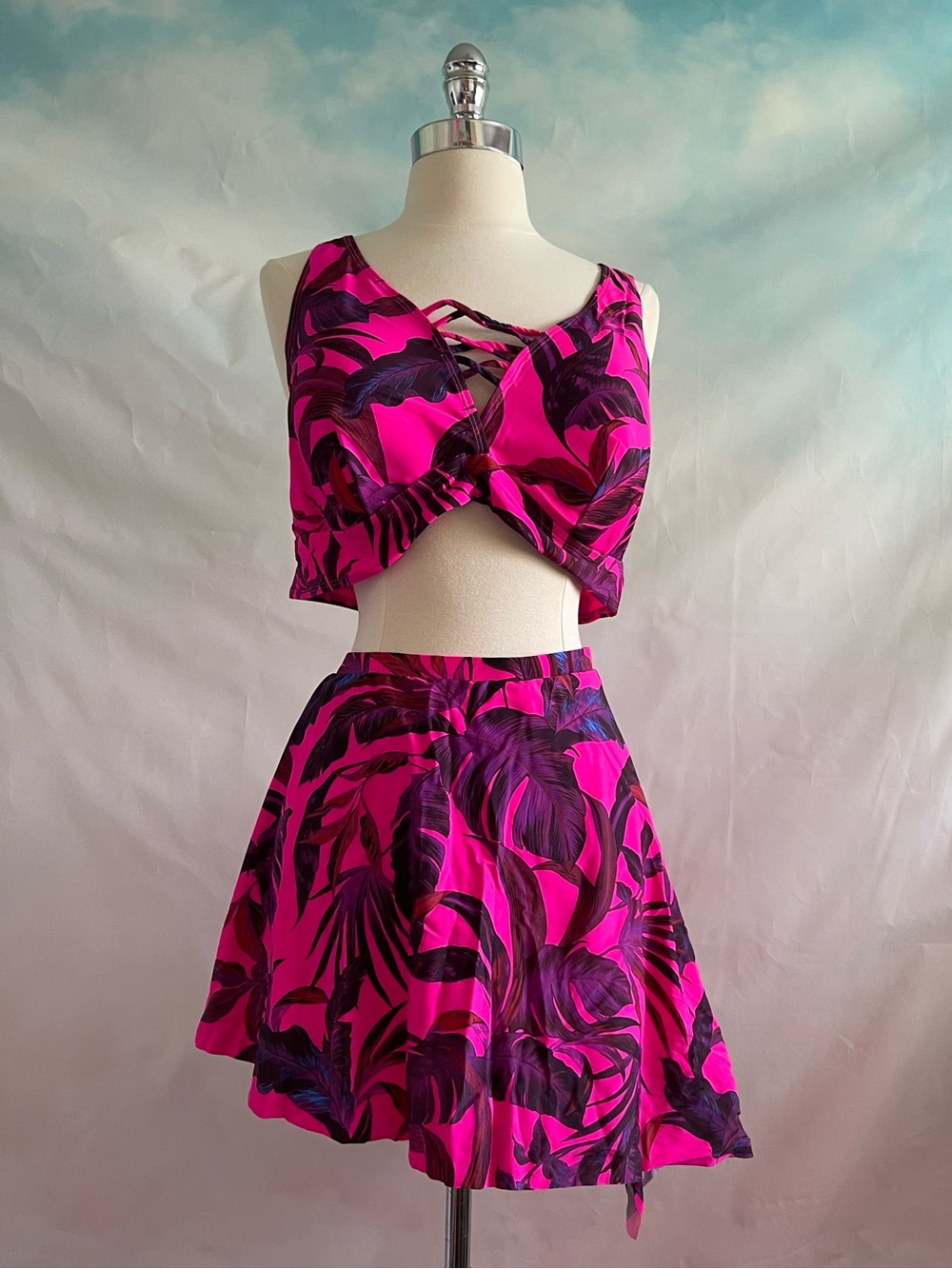 Torrid Fuchsia Tropical Print Two-Piece Bikini Top and Swim Skirt Set Size 3X
